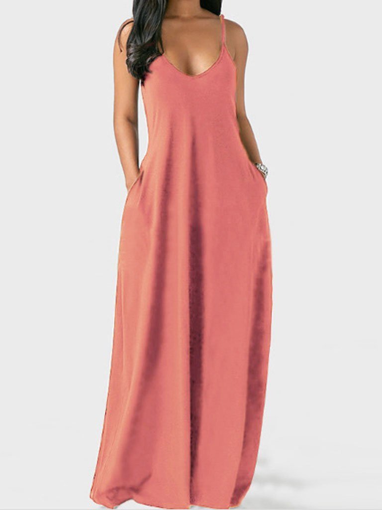 Deep V-Neck Spaghetti Strap Side Pocket Oversized Maxi Dress