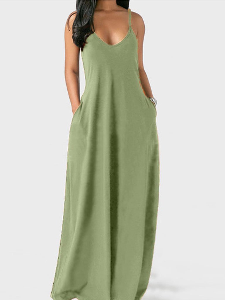 Deep V-Neck Spaghetti Strap Side Pocket Oversized Maxi Dress