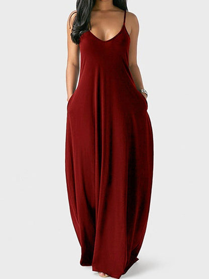 Deep V-Neck Spaghetti Strap Side Pocket Oversized Maxi Dress