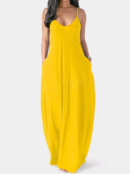 Deep V-Neck Spaghetti Strap Side Pocket Oversized Maxi Dress