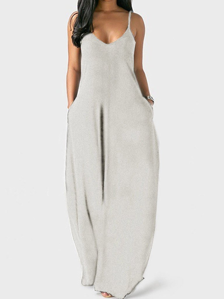 Deep V-Neck Spaghetti Strap Side Pocket Oversized Maxi Dress