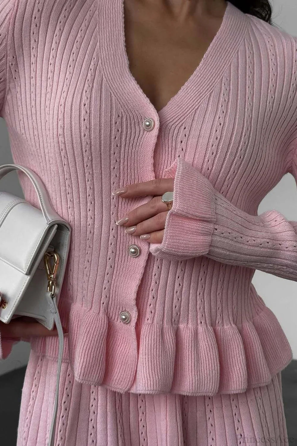 V-Neck Sparkle Ruffled Waist-Cinched Knit Chic Two Piece Set