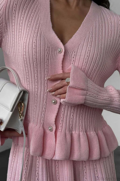 V-Neck Sparkle Ruffled Waist-Cinched Knit Chic Two Piece Set