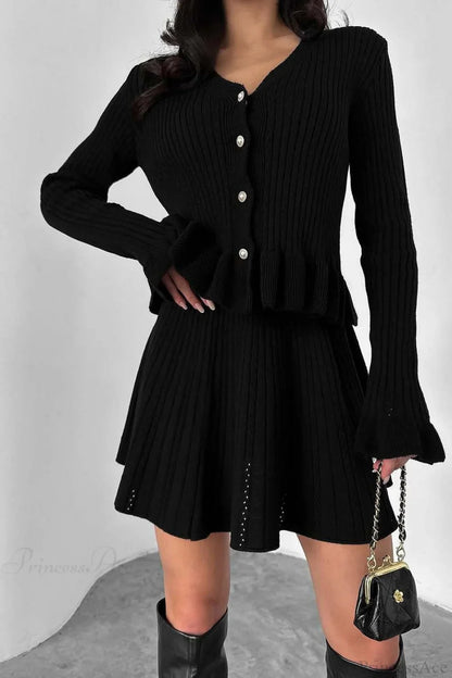 V-Neck Sparkle Ruffled Waist-Cinched Knit Chic Two Piece Set