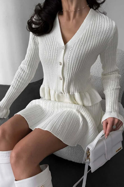 V-Neck Sparkle Ruffled Waist-Cinched Knit Chic Two Piece Set