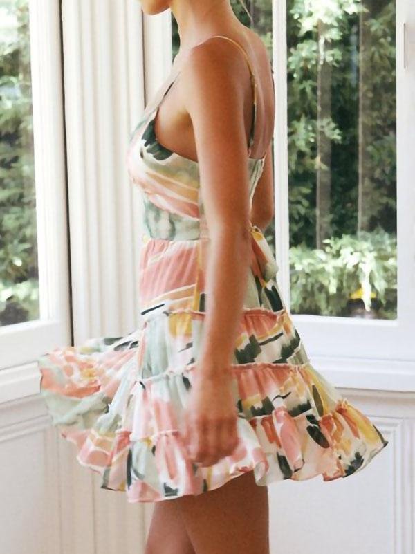 Spaghetti Strap Surplice Wrap Bodice Tiered Ruffle Watercolor Print Mini Dress