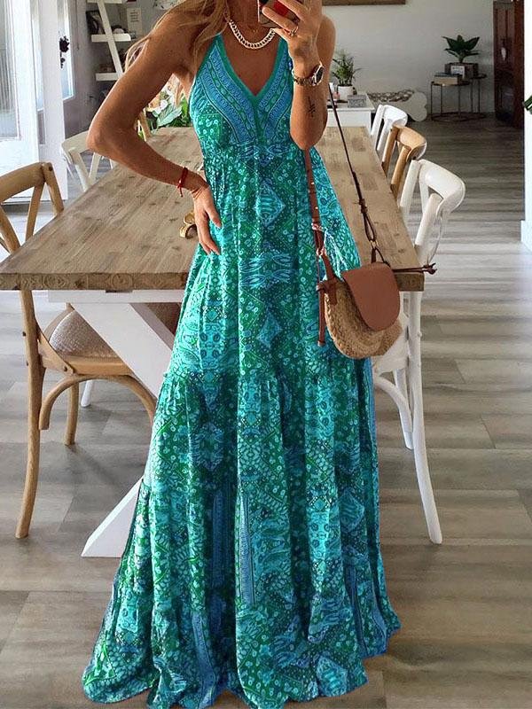 Halter Deep V-Neck Empire Waist Tiered Bohemian Print Maxi Dress