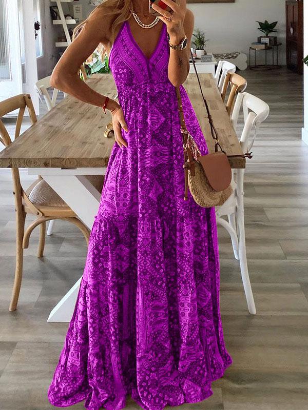 Halter Deep V-Neck Empire Waist Tiered Bohemian Print Maxi Dress