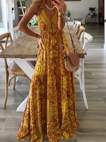 Halter Deep V-Neck Empire Waist Tiered Bohemian Print Maxi Dress