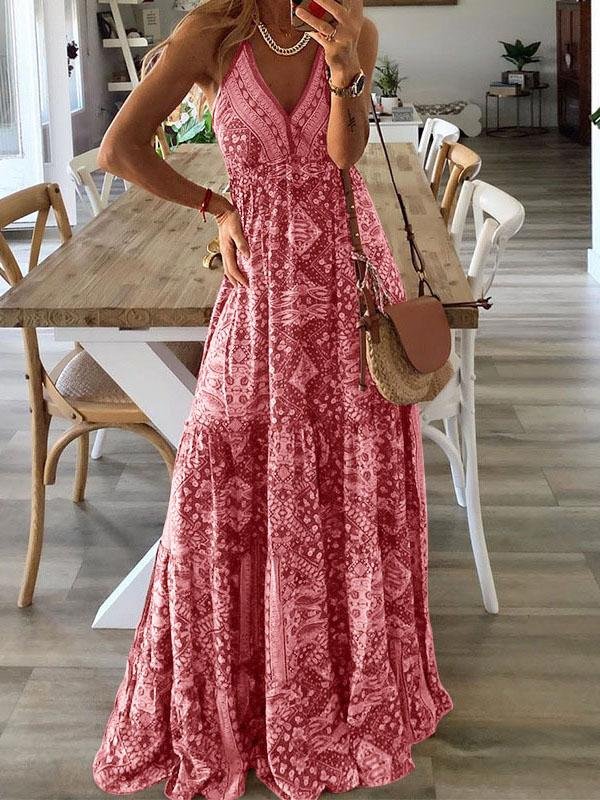 Halter Deep V-Neck Empire Waist Tiered Bohemian Print Maxi Dress