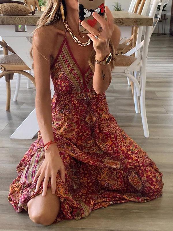 Halter Deep V-Neck Empire Waist Tiered Bohemian Print Maxi Dress