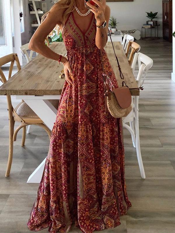 Halter Deep V-Neck Empire Waist Tiered Bohemian Print Maxi Dress