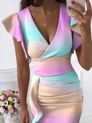 Tie Dye Ombre Flutter Sleeve Wrap Ruched Cascade Ruffle Midi Dress