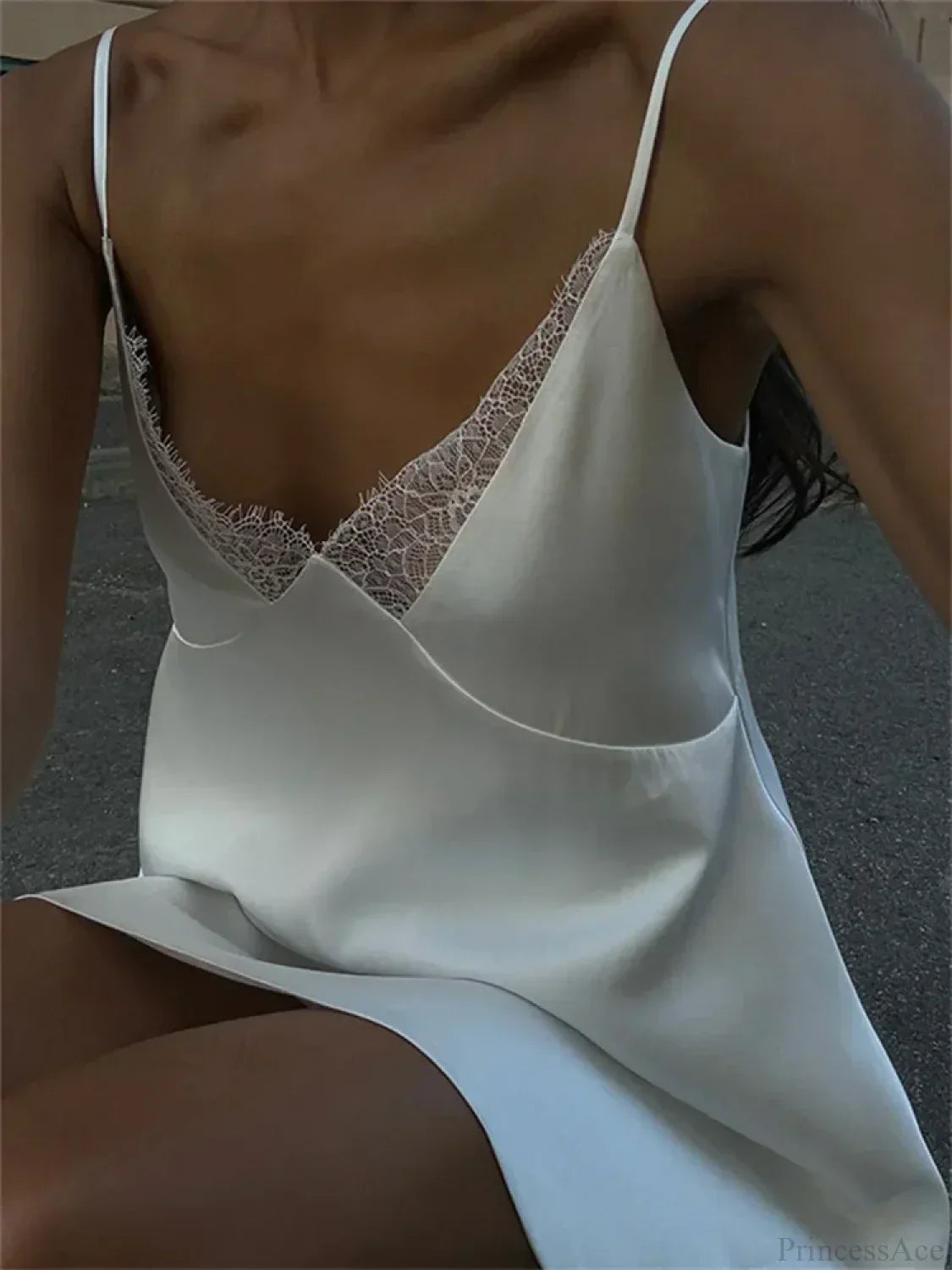 Lace Trim V-Neck Spaghetti Strap Satin Slip Mini Dress