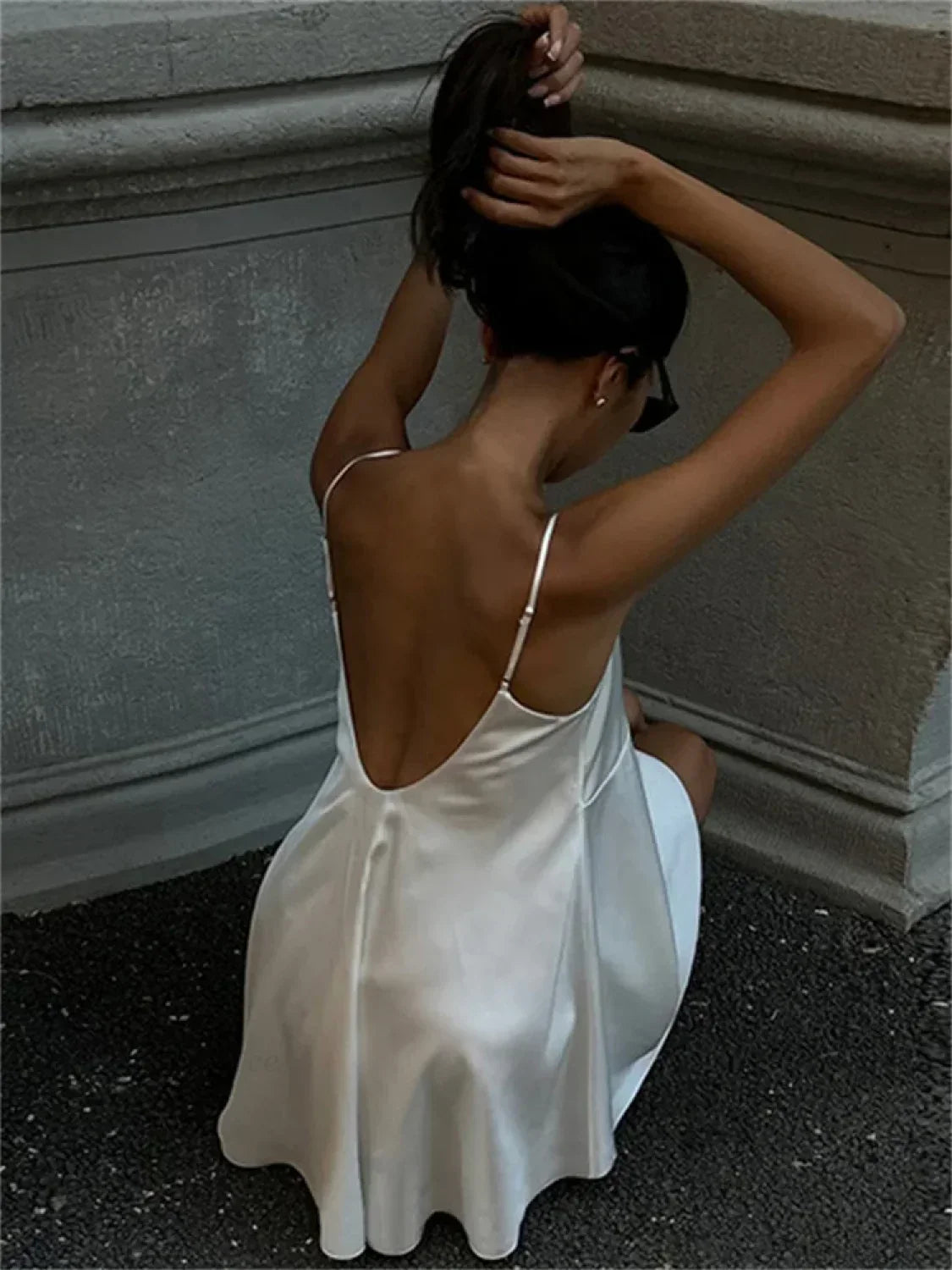 Lace Trim V-Neck Spaghetti Strap Satin Slip Mini Dress