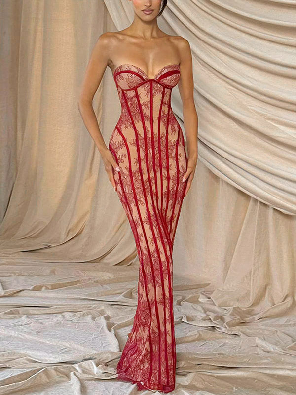 Date Night Dresses Bodycon Maxi Lace Sleeveless Backless Strapless Sexy Burgundy Dress