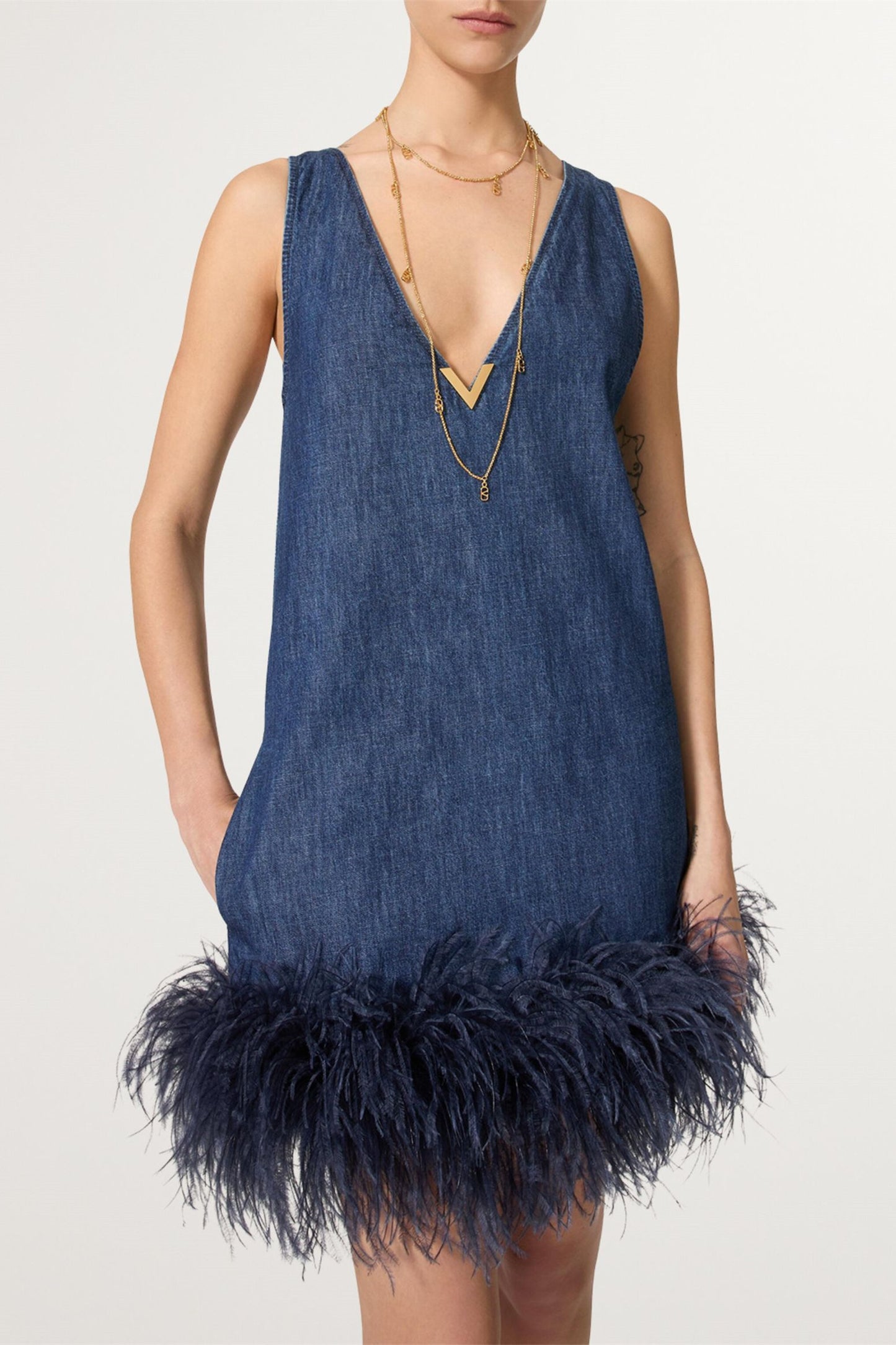 Setlla Feather Trim Denim Mini Dress