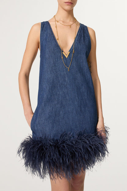 Setlla Feather Trim Denim Mini Dress