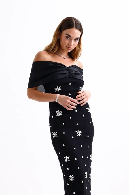 Griselda Off Shoulder Crystal Embellished Maxi Dress