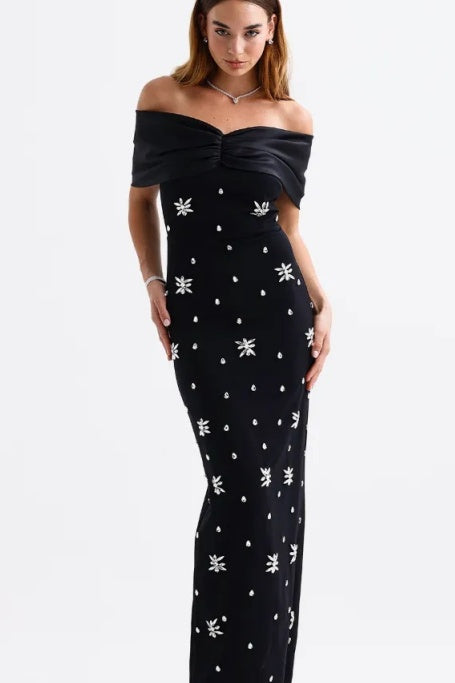 Griselda Off Shoulder Crystal Embellished Maxi Dress