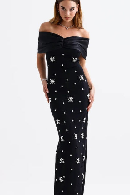 Griselda Off Shoulder Crystal Embellished Maxi Dress
