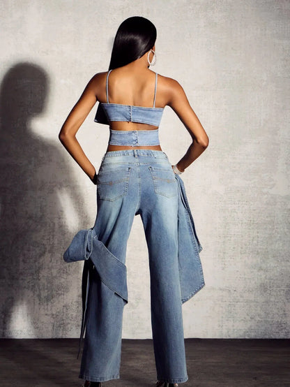 Denim Bow Tube Vest Top & Pant Coord Set