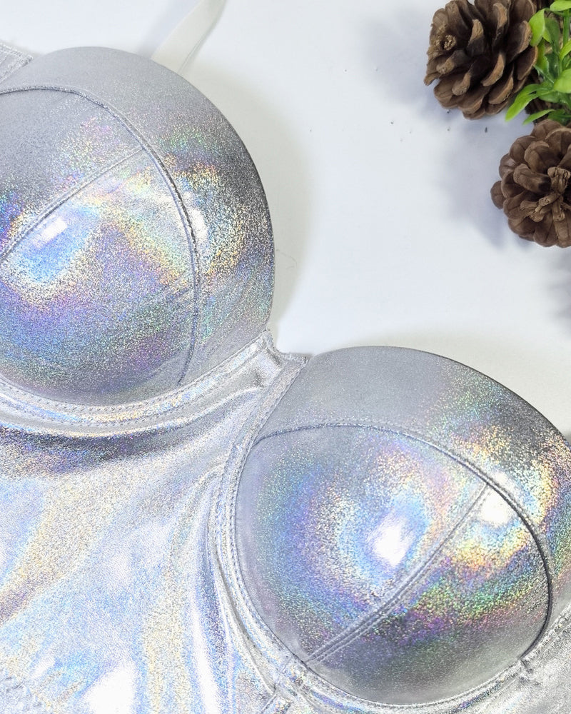 Fishbone Fluorescent Pu Leather Halter Top