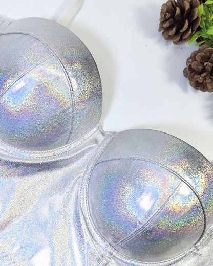 Fishbone Fluorescent Pu Leather Halter Top