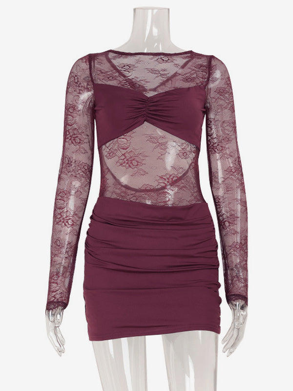 Sheer Lace Ruched Mini Dress For Women - Sexy Cut Out Open Back Bodycon Gown - Summer Night Out Club Party 2026