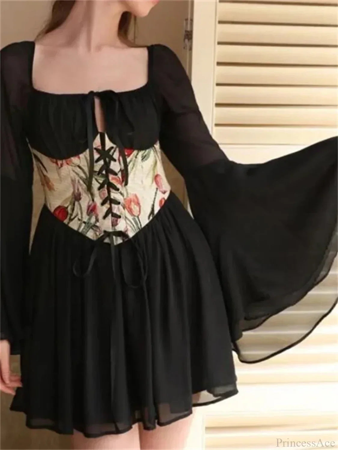 Floral Corset Lace Up Off Shoulder Lantern Sleeve Tiered Ruffle Mini Dress