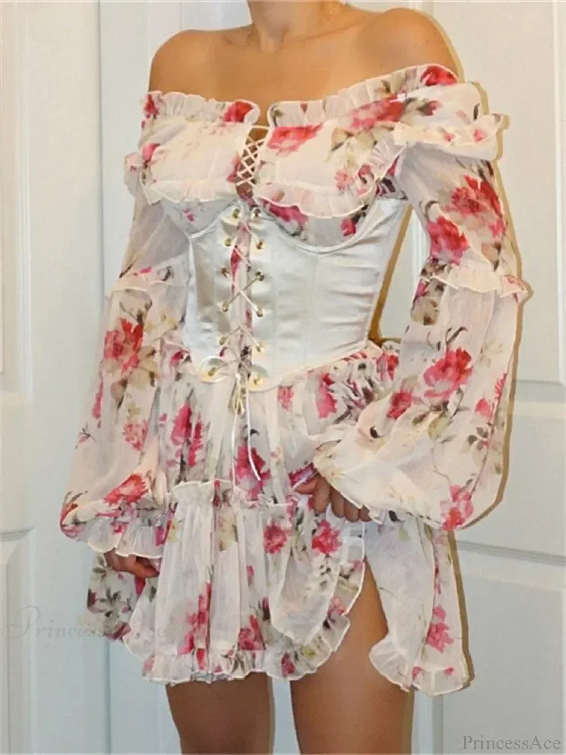 Floral Corset Lace Up Off Shoulder Lantern Sleeve Tiered Ruffle Mini Dress