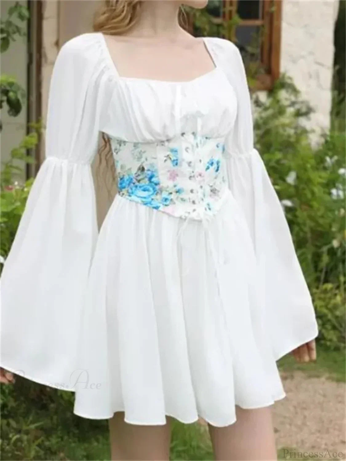 Floral Corset Lace Up Off Shoulder Lantern Sleeve Tiered Ruffle Mini Dress