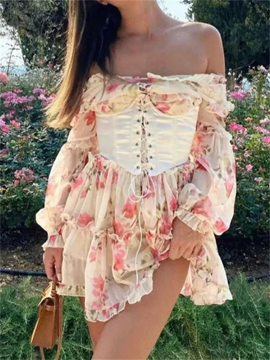 Floral Corset Lace Up Off Shoulder Lantern Sleeve Tiered Ruffle Mini Dress