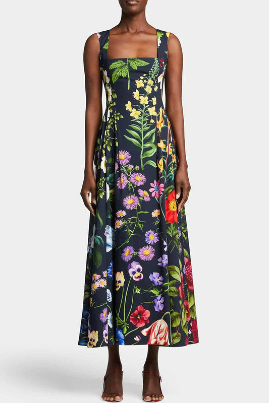 Square Neck Botanical Floral Print A-Line Maxi Dress