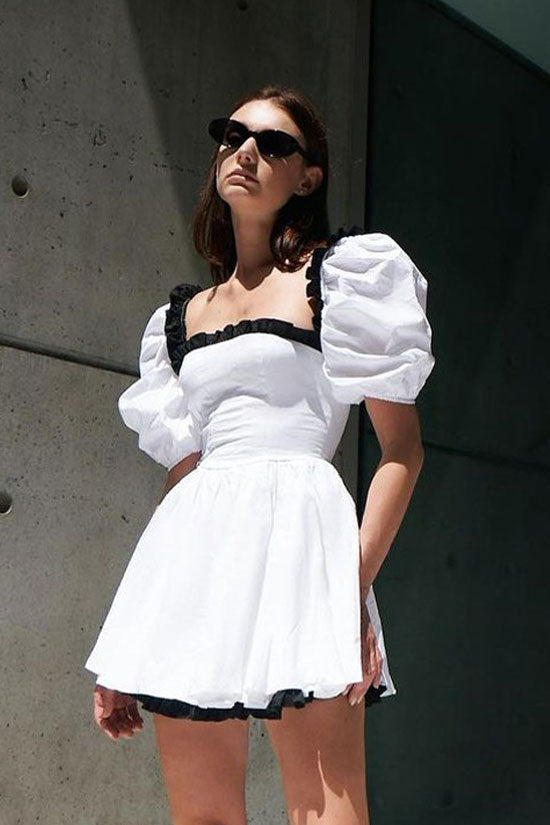 Contrast Ruffle Trim Square Neck Puff Sleeve Fit and Flare Mini Dress