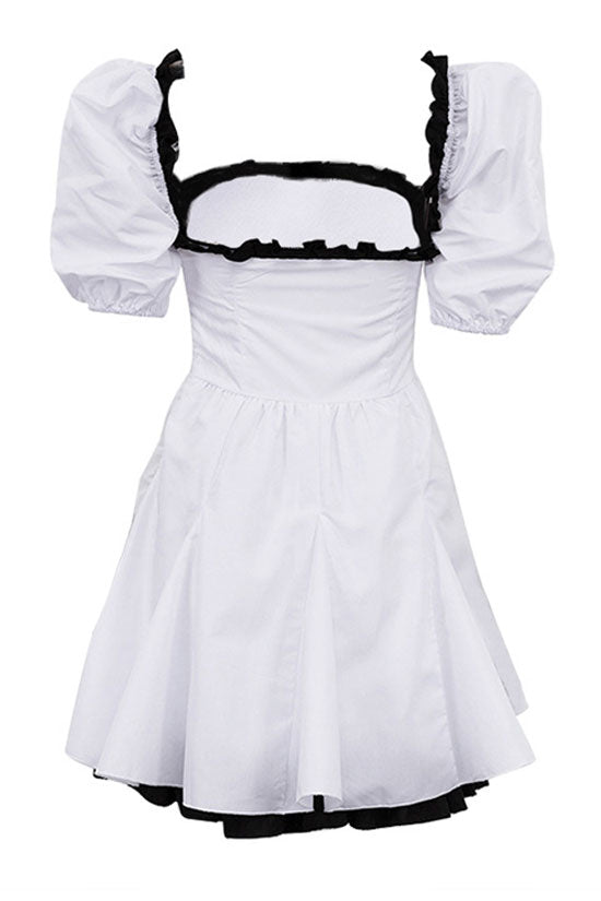 Contrast Ruffle Trim Square Neck Puff Sleeve Fit and Flare Mini Dress