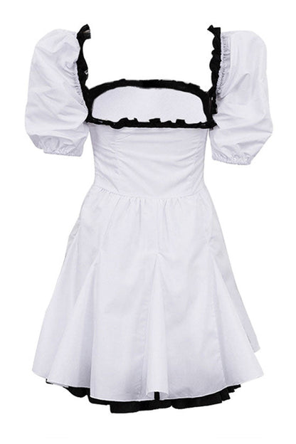 Contrast Ruffle Trim Square Neck Puff Sleeve Fit and Flare Mini Dress