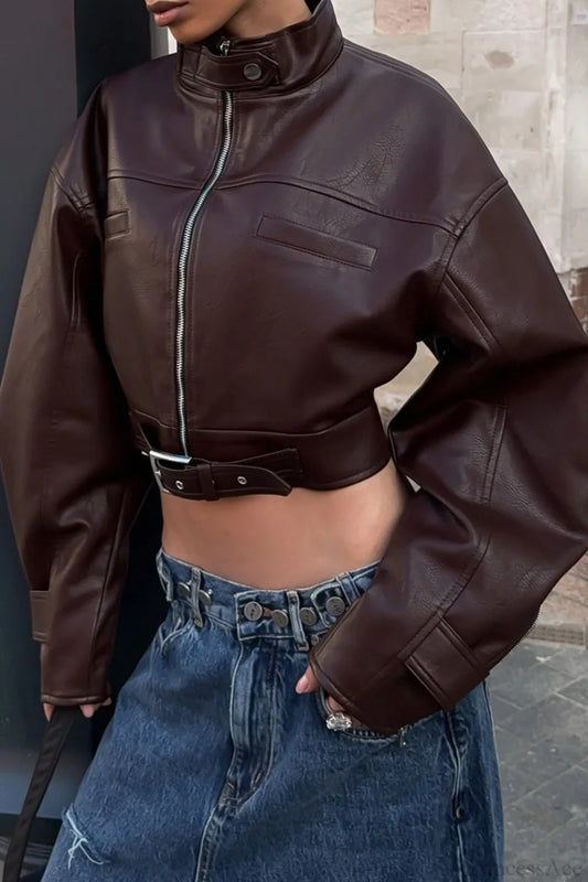 Vintage Biker Stand Collar Zipper Leather Jacket