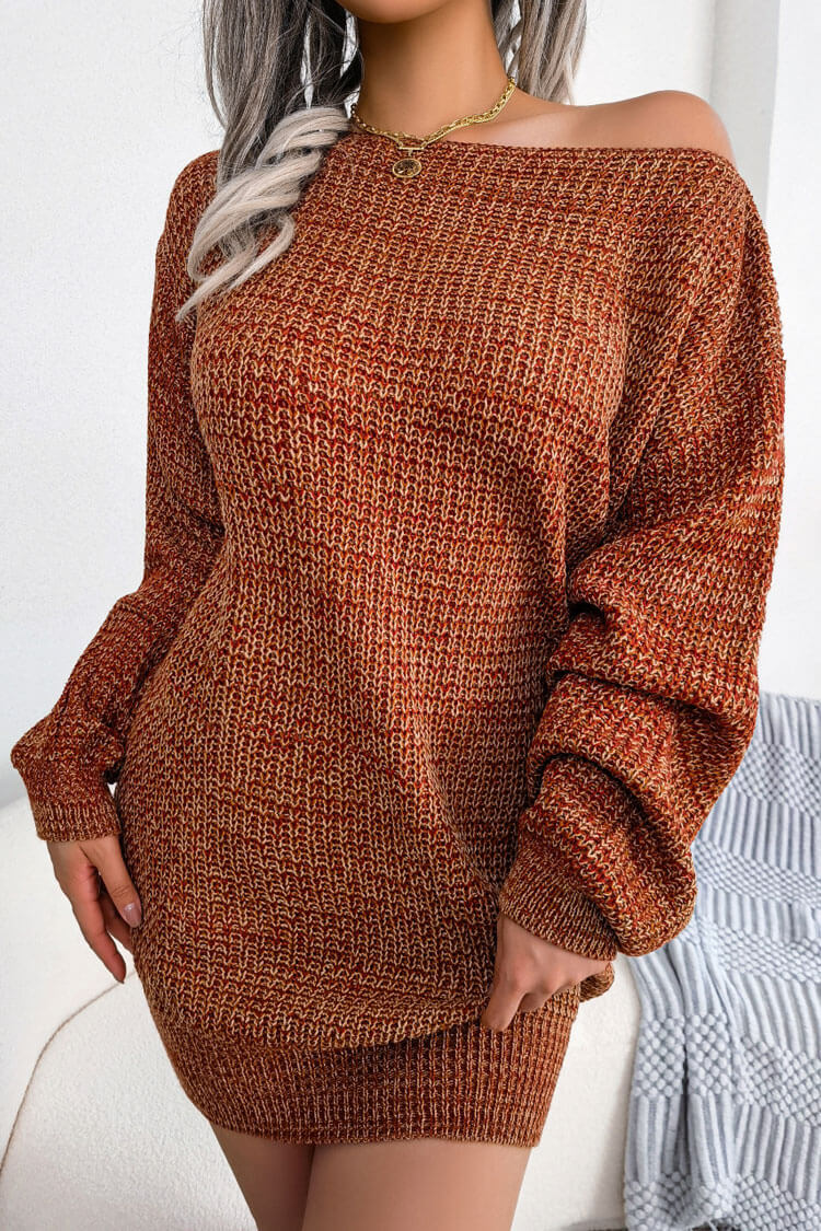 Marled Knit Off Shoulder Boat Neck Balloon Sleeve Sweater Mini Dress
