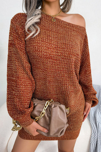 Marled Knit Off Shoulder Boat Neck Balloon Sleeve Sweater Mini Dress