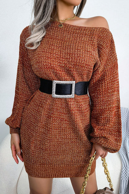 Marled Knit Off Shoulder Boat Neck Balloon Sleeve Sweater Mini Dress