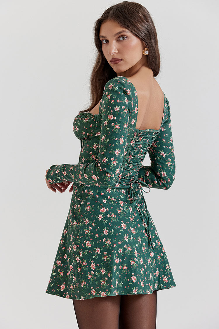 Floral Print Sweetheart Tie-Front Long Sleeve Corset Mini Dress