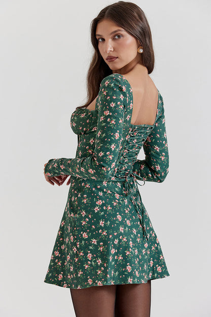 Floral Print Sweetheart Tie-Front Long Sleeve Corset Mini Dress