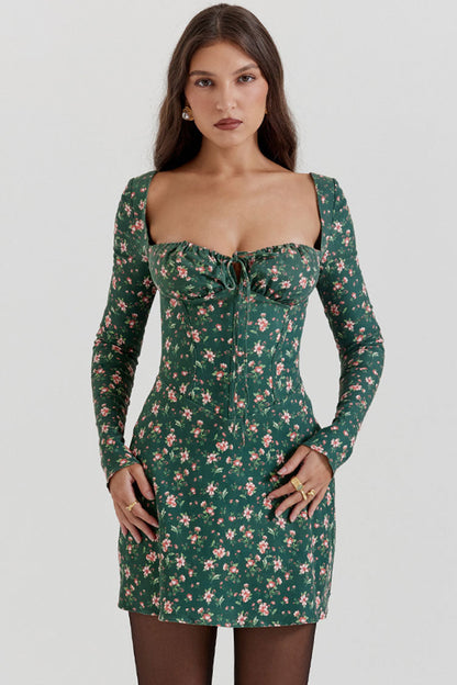 Floral Print Sweetheart Tie-Front Long Sleeve Corset Mini Dress