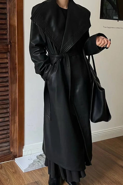 Vintage Broad Lapel Waist-Tied Leather Overcoat