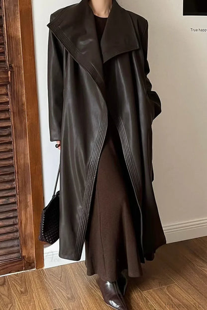 Vintage Broad Lapel Waist-Tied Leather Overcoat