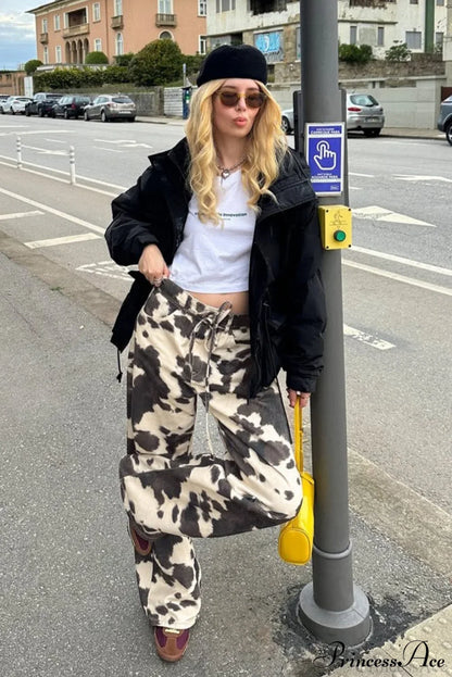 Vintage Cow Print Elegant Straight-Leg Jeans
