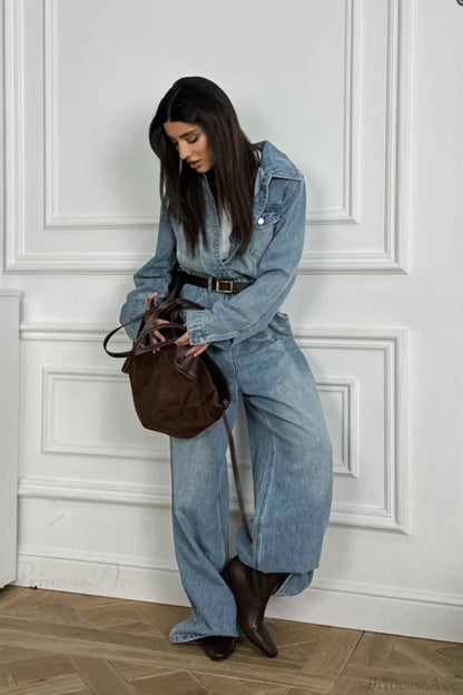 Vintage Vintage Denim Loose Long Pants  Jumpsuit-style Two Piece Set