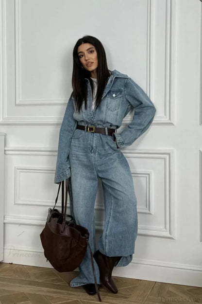 Vintage Vintage Denim Loose Long Pants  Jumpsuit-style Two Piece Set