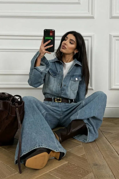 Vintage Vintage Denim Loose Long Pants  Jumpsuit-style Two Piece Set